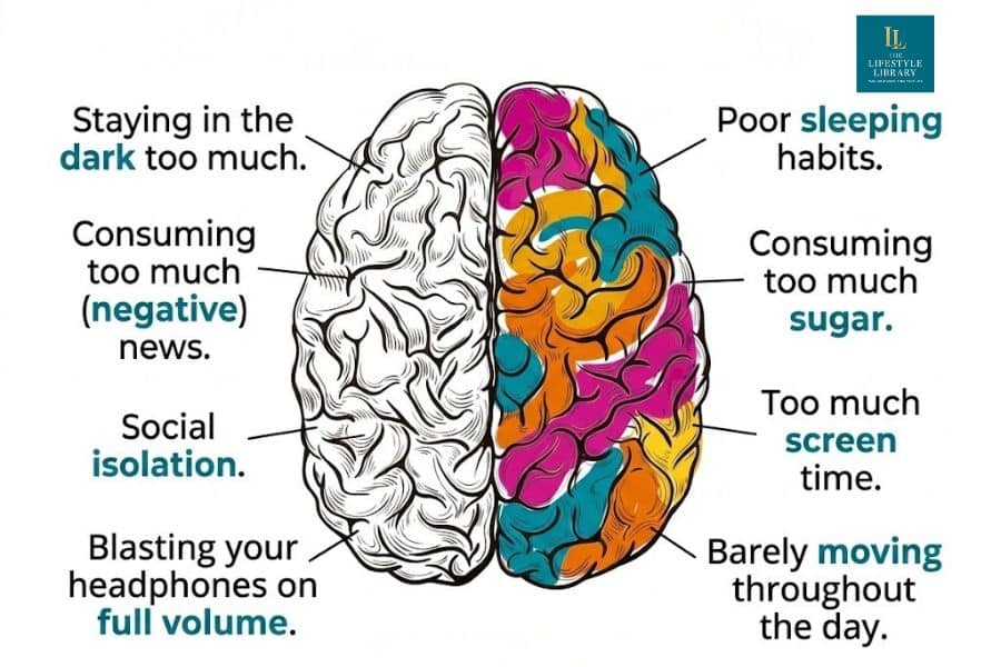 Brain illustration split into black and white and colorful halves with text listing habits that negatively affect mental health and brain function. The image includes the phrases "Staying in the dark too much," "Consuming too much negative news," "Social isolation," "Blasting your headphones on full volume," "Poor sleeping habits," "Consuming too much sugar," "Too much screen time," and "Barely moving throughout the day."