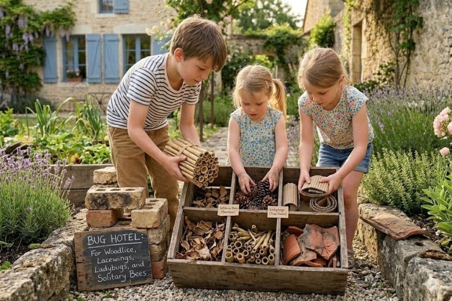 Three children build a bug hotel in a garden using bricks. pine cones. bamboo tubes. leaves. tiles. and twine. The signs read "Bug Hotel. For Woodlice. Lacewings. Ladybugs. and Solitary Bees" and smaller labels read "Solitary Bees. Bamboo" and "Ladybugs. Pine Cones."