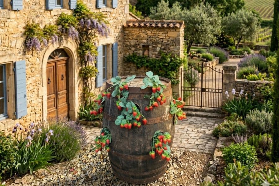 Strawberry plants spill over a wooden barrel planter in a stone courtyard garden.