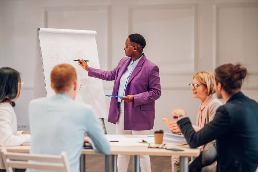 Presenter in a purple blazer standing beside a flip chart and speaking to a group during a business workshop. The training session relates to developing professional skills and income streams.
