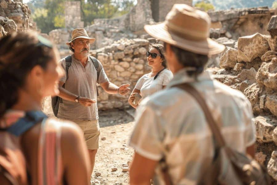 Tour guide speaking to a group of travelers while standing among ancient stone ruins on a sunny day. The guided tour highlights travel based income streams and freelance opportunities.