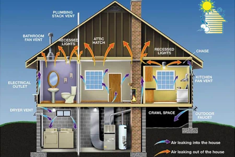 Cutaway diagram of a house showing air leaks around vents. lights. outlets. doors. and crawl spaces.