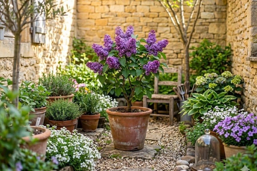 Potted lilac shrub with vibrant purple blooms displayed in a charming stone courtyard garden surrounded by flowering plants and gravel pathways. The blooming lilac creates a peaceful cottage garden atmosphere with soft spring colors and rustic textures.