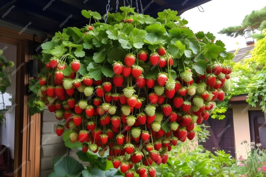 A hanging strawberry planter is packed with red and green berries under a porch roof.