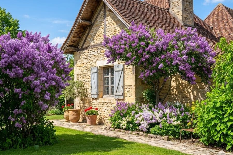 Large lilac bushes in full purple bloom growing beside a stone cottage with shuttered windows and a manicured garden path. The lush lilac flowers frame the home and add vibrant seasonal color to the countryside landscape.