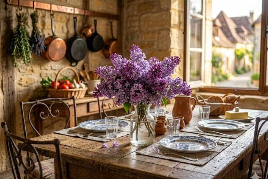 Fresh bouquet of purple lilac flowers arranged in a glass vase on a rustic wooden dining table inside a cozy stone cottage kitchen. The blooming lilac centerpiece adds soft spring color to the warm countryside setting with hanging copper pans and sunlight streaming through the window.