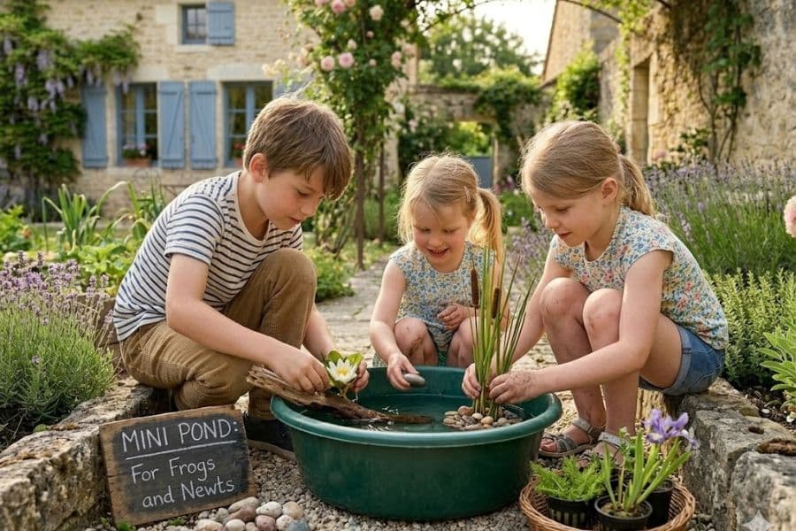 Three children make a small wildlife pond in a green tub filled with water. rocks. plants. and a floating flower. The chalkboard reads "Mini Pond. For Frogs and Newts."