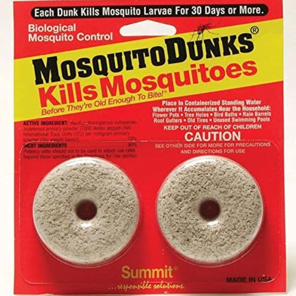 Package of Mosquito Dunks biological mosquito control tablets designed to kill mosquito larvae in standing water before they can bite. The product packaging explains that each dunk works for 30 days or more and can be used in containers, bird baths, rain barrels, and pools as part of a mosquito bucket setup.