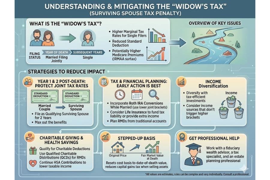 Infographic titled “Understanding and Mitigating the Widow’s Tax” explaining how surviving spouses can face higher tax rates after filing status changes from married filing jointly to single. The chart outlines strategies including Roth IRA conversions, charitable giving, stepped up basis rules, income diversification, and professional financial planning to reduce the impact of the Widow’s tax.