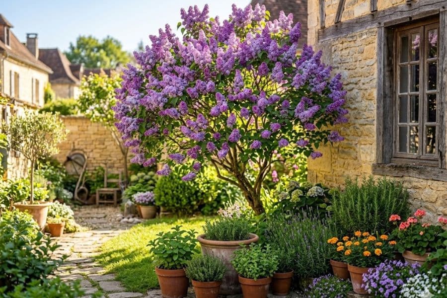 Mature lilac tree covered in clusters of light purple blossoms standing beside a stone house with potted herbs and flowers nearby. The blooming lilac brightens the sunny garden with dense foliage and fragrant spring flowers.