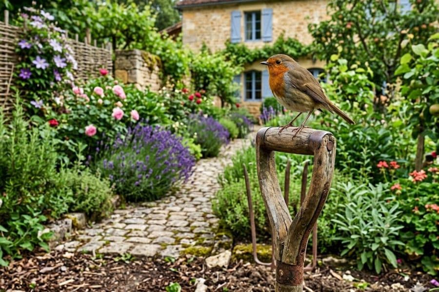 Robin perched on the handle of a garden fork along a flower lined path outside a stone cottage. The lush garden setting shows the type of habitat that can attract robins.