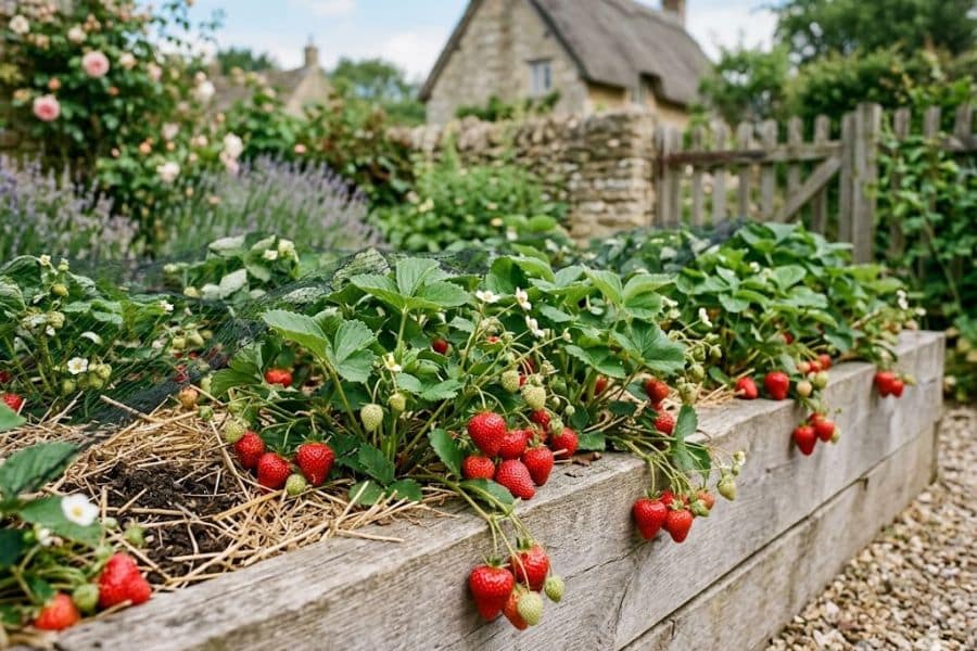 Strawberry plants with ripe red berries grow in a raised wooden garden bed mulched with straw.