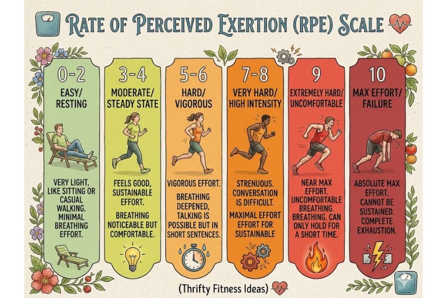 Illustrated "Rate of Perceived Exertion RPE Scale" for workout intensity levels from resting to max effort.