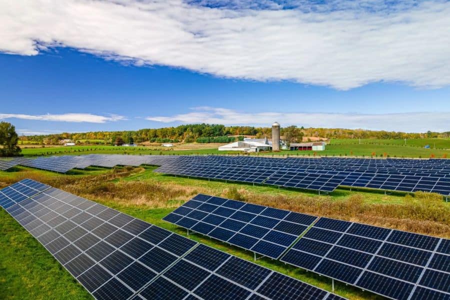 Rows of solar panels in a green farm field under a blue sky.