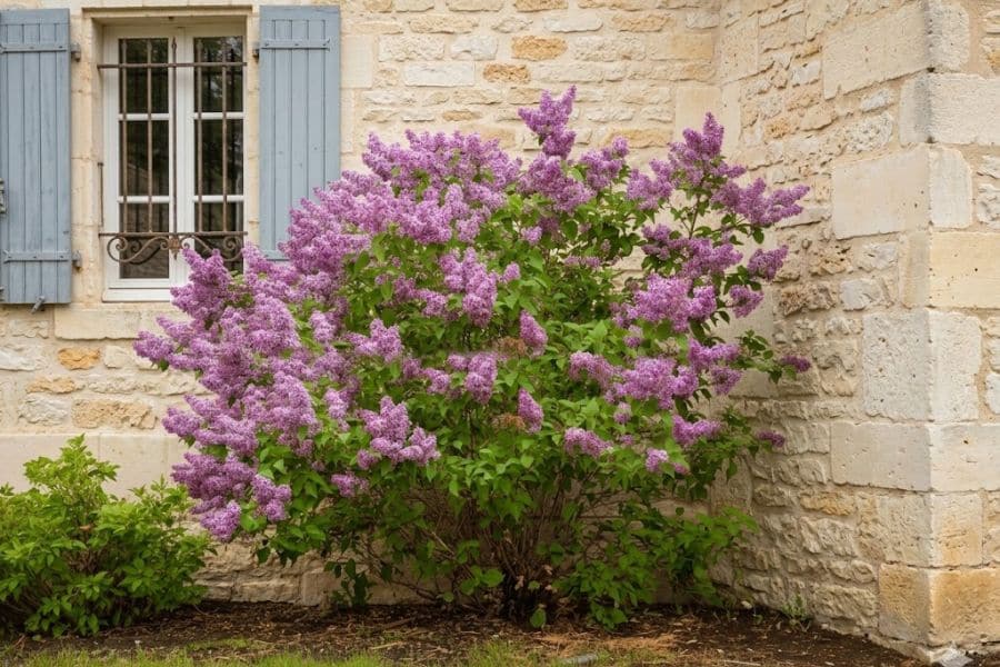 Bushy lilac plant filled with pale purple flower clusters growing against the stone wall of a rustic home with blue shutters. The flowering lilac adds soft color and texture to the quiet garden corner.
