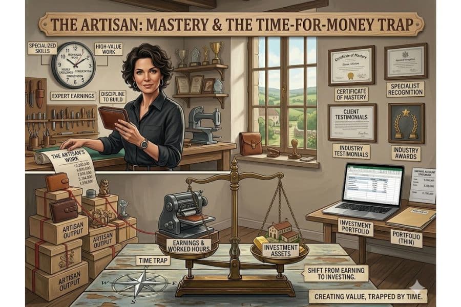 Illustrated money personality test archetype titled "The Artisan. Mastery and the time for money trap." A woman stands in a workshop surrounded by artisan output. investment assets. earnings and worked hours. and signs about expert earnings. discipline. certificates. testimonials. and industry awards.