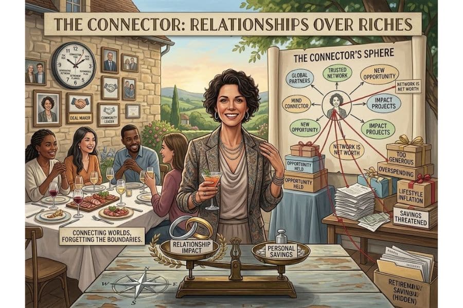 Illustrated money personality test archetype titled "The Connector. Relationships over riches." A woman holds a drink at a social gathering beside a diagram of the connector’s sphere. with labels including relationship impact. personal savings. network is net worth. overspending. lifestyle inflation. and savings threatened.