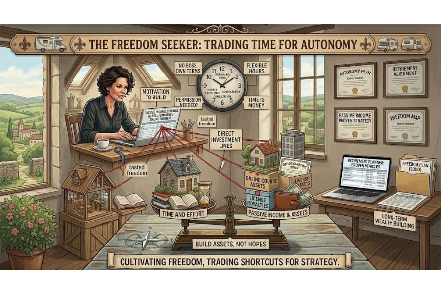 Illustrated money personality test archetype titled "The Freedom Seeker. Trading time for autonomy." A woman works on a laptop in a cottage office surrounded by labels about flexible hours. direct investment. time and effort. passive income and assets. retirement planning. and long term wealth building.