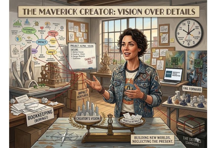 Illustrated money personality test archetype titled "The Maverick Creator. Vision over details." A creative founder stands in a studio filled with prototypes. vision boards. impact ventures. bookkeeping. taxes and details. and a warning that reads "Building new worlds. neglecting the present."