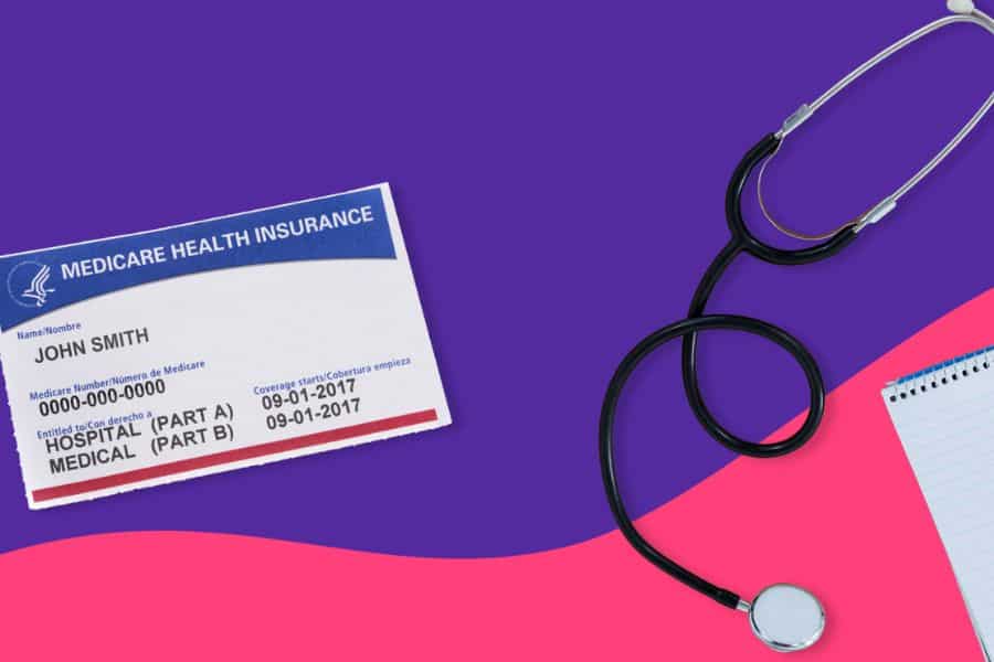 Medicare health insurance card beside a stethoscope on a purple and pink background.
