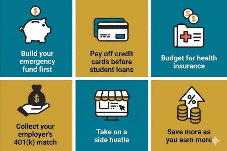 Financial infographic with icons and text reading "Build your emergency fund first," "Pay off credit cards before student loans," "Budget for health insurance," "Collect your employer’s 401(k) match," "Take on a side hustle," and "Save more as you earn more." The graphic outlines practical steps commonly included in a financial catch-up plan.