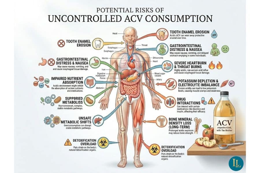 Infographic titled "Potential risks of uncontrolled ACV consumption" showing a human body with arrows to possible side effects of apple cider vinegar. Text includes "tooth enamel erosion" "gastrointestinal distress and nausea" "impaired nutrient absorption" "suppressed metabolism" "unsafe metabolic shifts" "detoxification overload" "severe heartburn and throat burns" "potassium depletion and electrolyte imbalance" "drug interactions" and "bone mineral density loss long term".