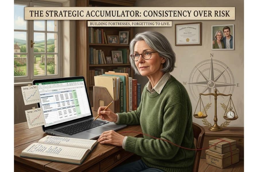 Illustrated money personality test archetype titled "The Strategic Accumulator. Consistency over risk." An older woman reviews spreadsheets and savings charts at a desk. with visual cues about long term planning. future security. and the warning "Building fortresses. forgetting to live."