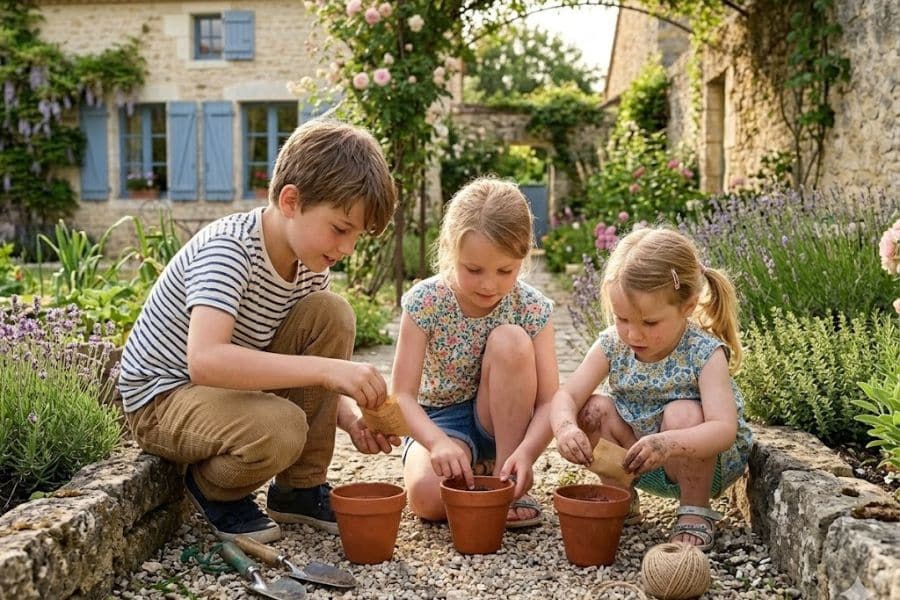 Three children kneel on a gravel path filling small terracotta pots with soil during a planting project. Garden tools. seed packets. and twine sit nearby as they work together on simple garden activities.