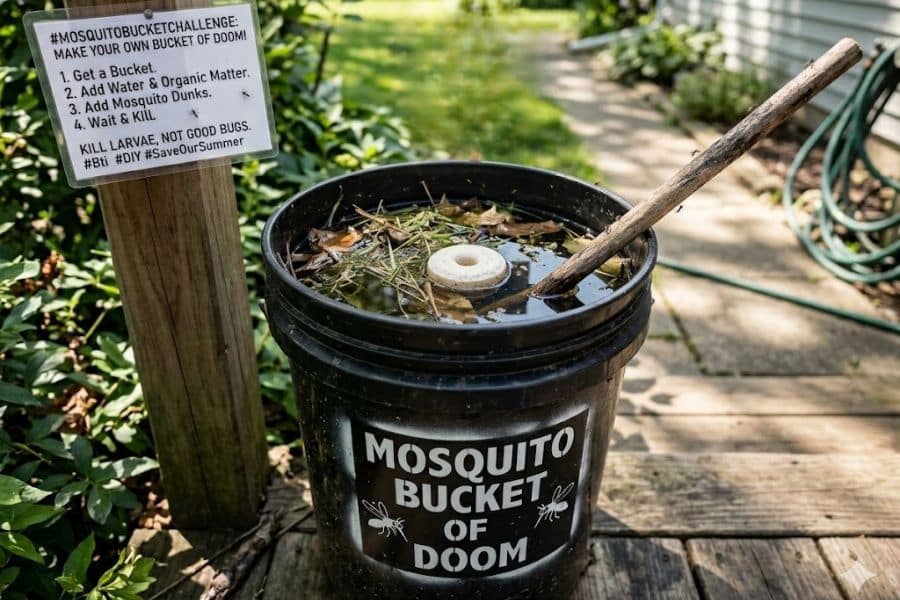 Black bucket labeled “Mosquito Bucket of Doom” filled with standing water, leaves, and a floating mosquito dunk in a backyard garden. A nearby sign explains how to create a mosquito bucket using water, organic matter, and mosquito dunks to trap and kill mosquito larvae.