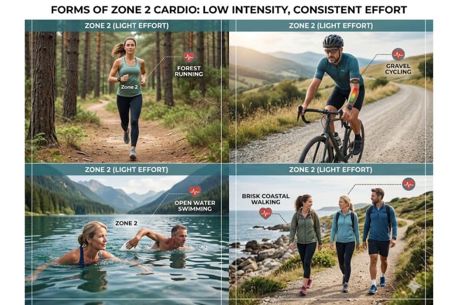 Four panel fitness graphic showing examples of Zone 2 Cardio activities including forest running, gravel cycling, open water swimming, and brisk coastal walking. Each activity is labeled as light effort aerobic exercise designed to build endurance with consistent low intensity movement.