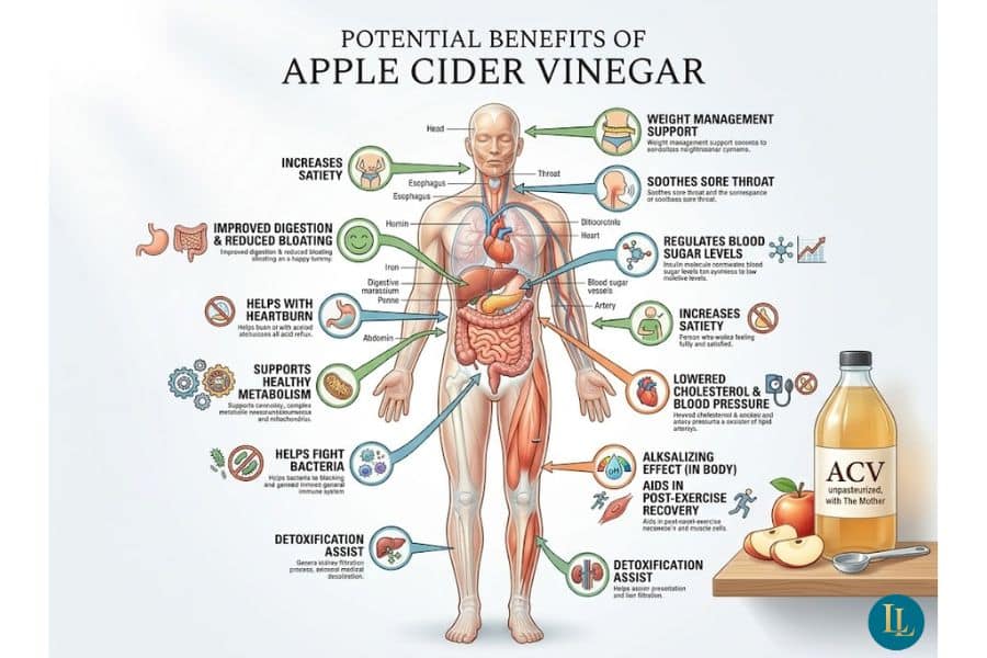 Infographic titled "Potential benefits of apple cider vinegar" showing a human body with arrows to possible wellness benefits. Text includes "increases satiety" "improved digestion and reduced bloating" "helps with heartburn" "supports healthy metabolism" "helps fight bacteria" "detoxification assist" "weight management support" "soothes sore throat" "regulates blood sugar levels" "lowered cholesterol and blood pressure" and "aiding in post exercise recovery".
