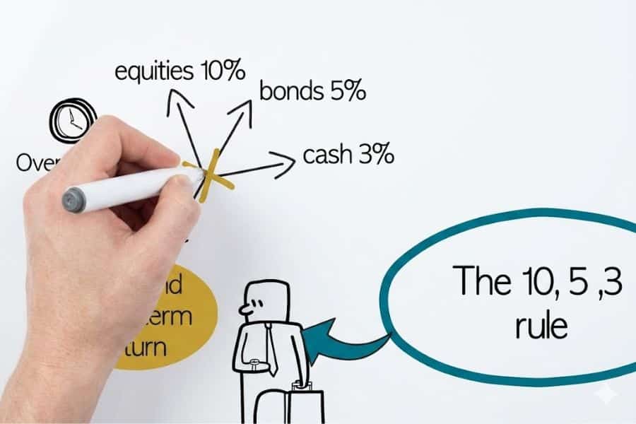 Hand drawing over a financial planning diagram with the text "equities 10%" "bonds 5%" "cash 3%" and "The 10, 5, 3 rule". The illustration explains different return assumptions often used when planning a retirement fund.