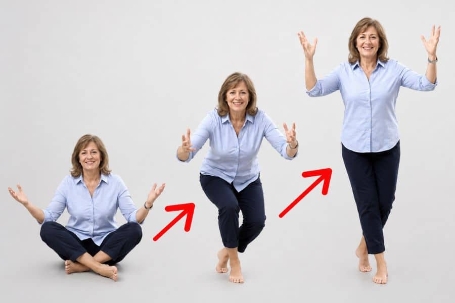 Older woman shown in three poses progressing from sitting cross legged on the floor to standing upright with arms raised, with red arrows pointing upward between each movement. The sequence represents improved mobility, strength, and healthy aging connected to lowering biological age.