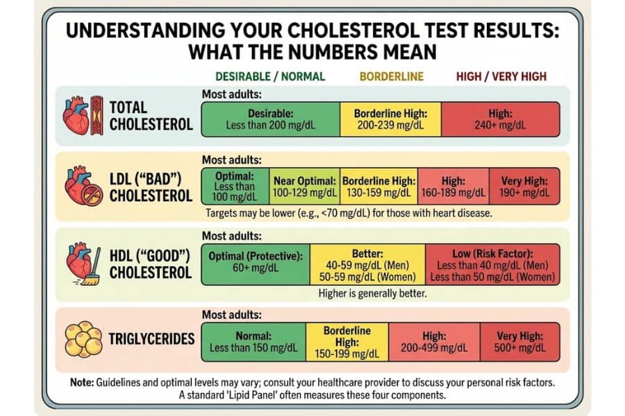 Cholesterol test results infographic with green. yellow. and red bars explaining desirable. borderline. and high ranges for total cholesterol. LDL cholesterol. HDL cholesterol. and triglycerides.