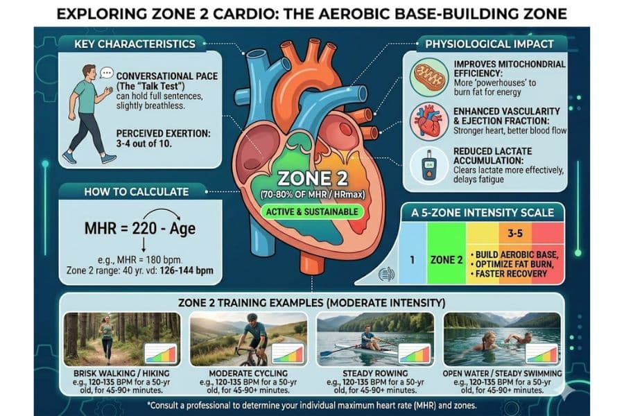 Educational infographic about Zone 2 Cardio featuring a large anatomical heart illustration surrounded by workout guidance, heart rate formulas, and aerobic training benefits. The graphic explains conversational pace exercise, “MHR = 220 - Age,” and examples such as brisk walking, cycling, rowing, and swimming for improving aerobic fitness and recovery.