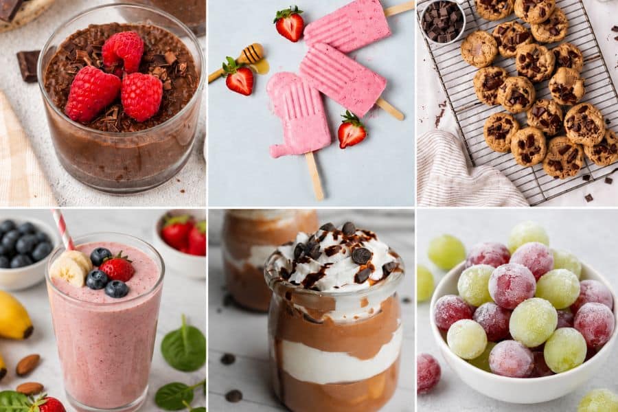 Collage of PCOS friendly snacks with chocolate chia pudding topped with raspberries. strawberry popsicles. chocolate chip cookies. berry smoothie. chocolate parfait. and frosted grapes.