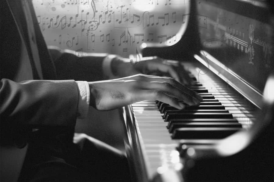 A musician plays a piano in a black and white scene with transparent musical notes layered across the background. The composition connects playing music with recall learning and mental stimulation.