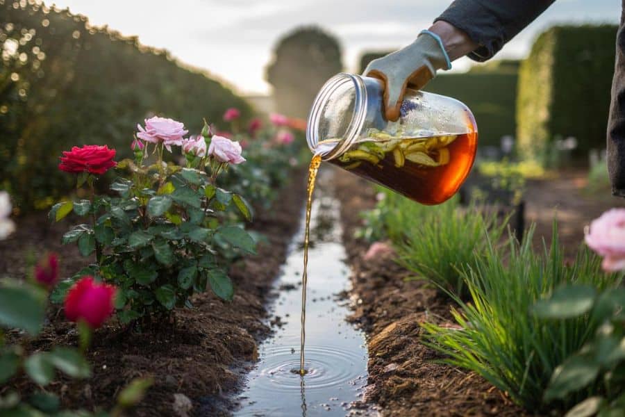 Homemade liquid fertilizer is poured around blooming roses in a garden bed. A glass jar filled with plant based fertilizer feeds the soil while pink and red rose bushes grow along the pathway.