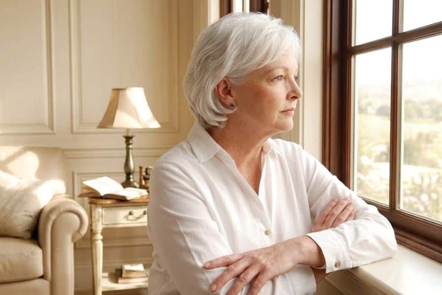 Older woman with short silver hair and a white shirt rests her folded arms on a windowsill while gazing outside. Warm sunlight fills the quiet living room behind her.