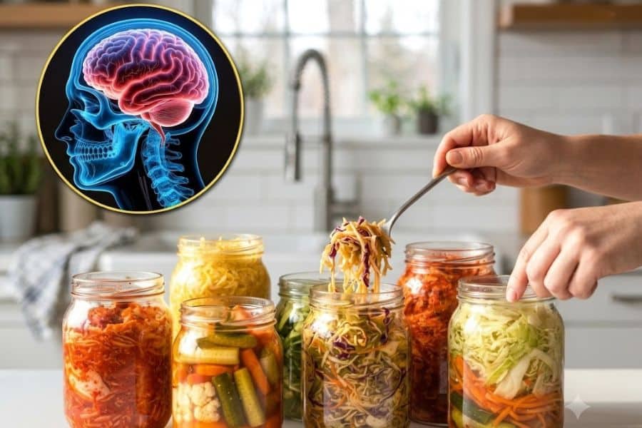 Glass jars filled with kimchi pickled vegetables sauerkraut and other fermented foods sit on a kitchen counter while a person lifts shredded vegetables with a fork. A glowing illustration of a brain and skull appears above the jars to connect fermented foods with brain health and memory decline.