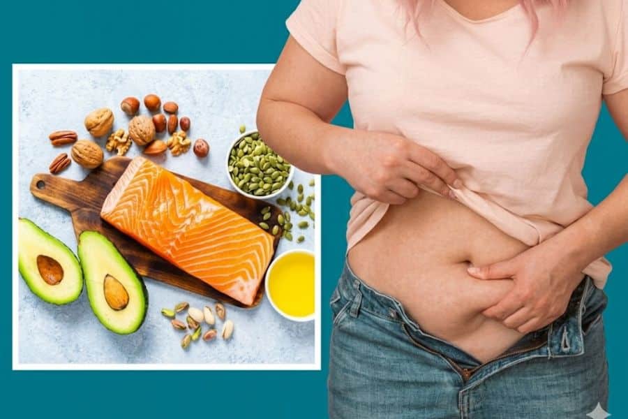 A woman pinches belly fat beside a display of salmon. avocado. nuts. seeds. and olive oil. The comparison connects body weight concerns with foods rich in healthy fats.