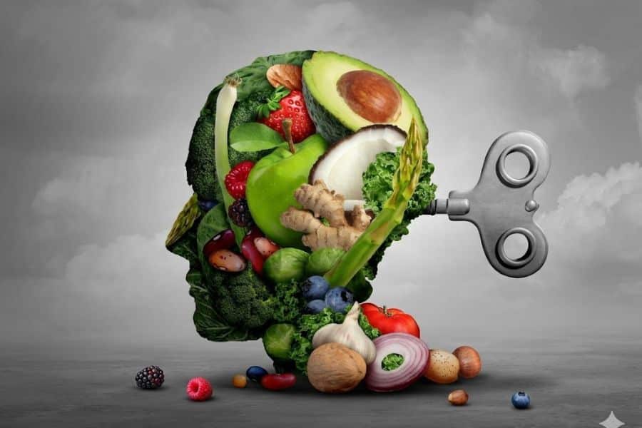 Human head silhouette formed from fruits and vegetables including avocado, apple, berries, broccoli, kale, asparagus, coconut, ginger, garlic, onion, and tomato. A wind up key extends from the back of the head, illustrating how nutrient dense foods can support focus, memory, and natural brain boost benefits.