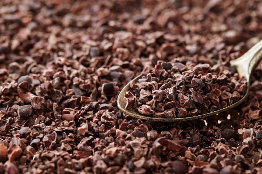 A metal spoon holds small dark brown cacao nibs above a dense layer of crushed cacao pieces. Their rough irregular texture and deep chocolate color are clearly visible.