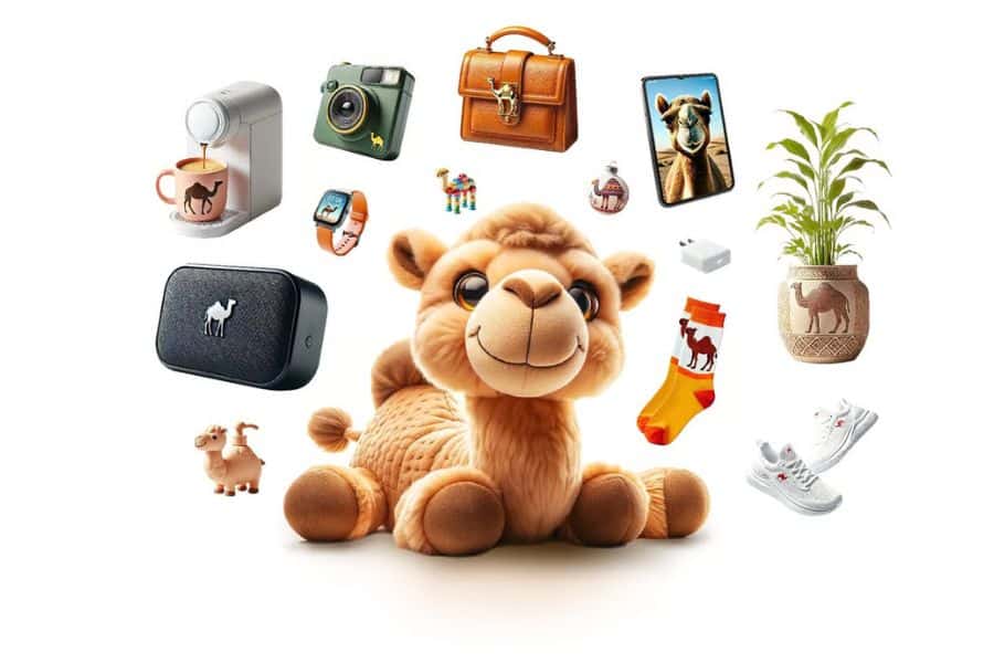 A smiling plush camel sits among camel themed products including a coffee maker. Camera. Handbag. Smartwatch. Phone case. Speaker. Plant pot. Socks. Shoes. Charger. And small figurines. The collection represents shopping websites that save you a fortune on themed gifts and everyday products.