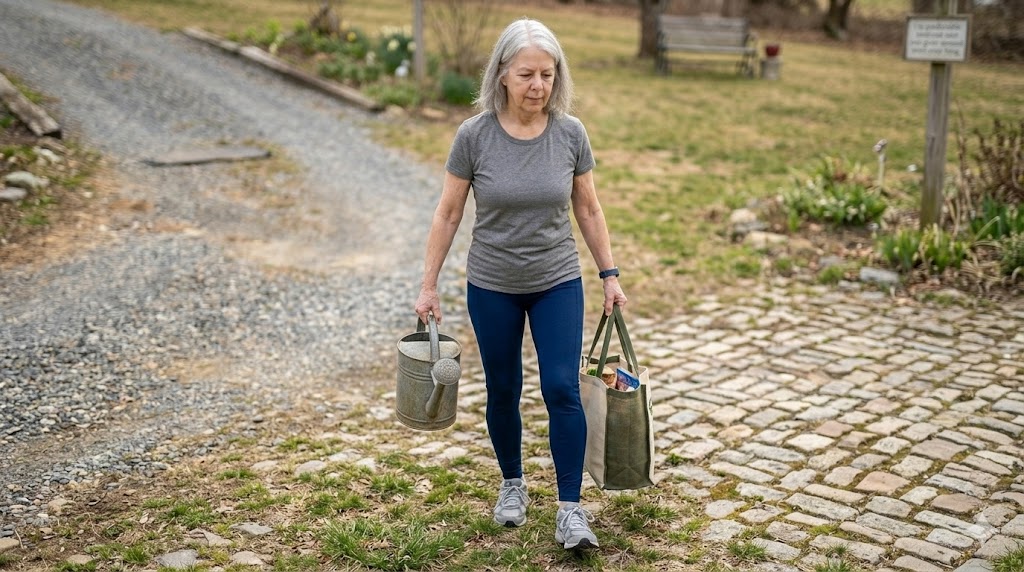 An older woman walks outdoors on uneven cobblestones while carrying a metal watering can and a tote bag. The scene shows everyday strength and balance in an anti-aging wellness context.