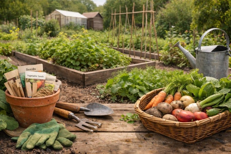 Productive allotment garden with raised vegetable beds, seed packets, hand tools, and a basket filled with freshly harvested carrots, potatoes, onions, and leafy greens. A watering can and greenhouse in the background highlight the process of growing food on an allotment.