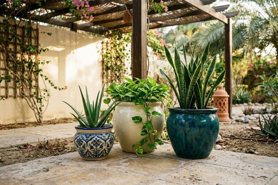 Collection of potted plants including aloe, pothos, and snake plant arranged beneath a wooden pergola in a sunlit garden. Decorative ceramic pots and surrounding greenery create a peaceful outdoor garden setting.