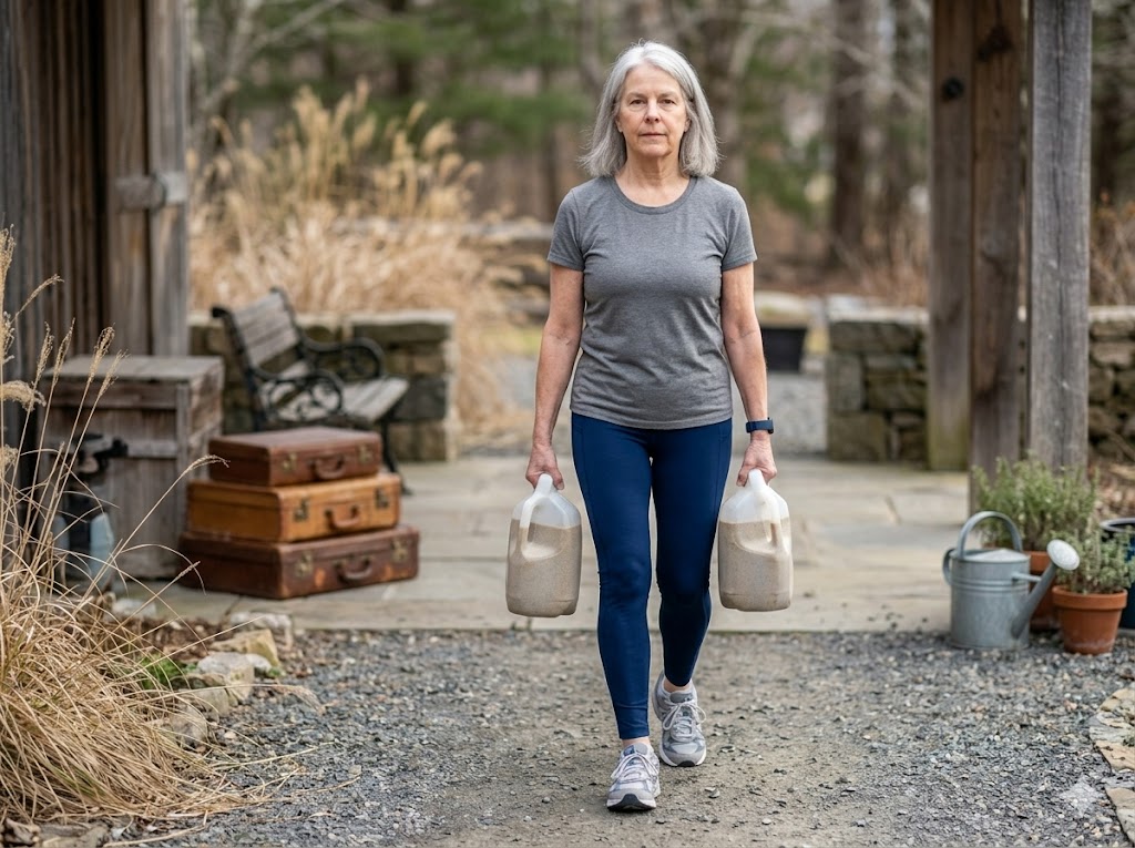 An older woman walks on a gravel path while carrying two large water jugs as weighted objects. The outdoor setting suggests practical strength training for healthy aging.