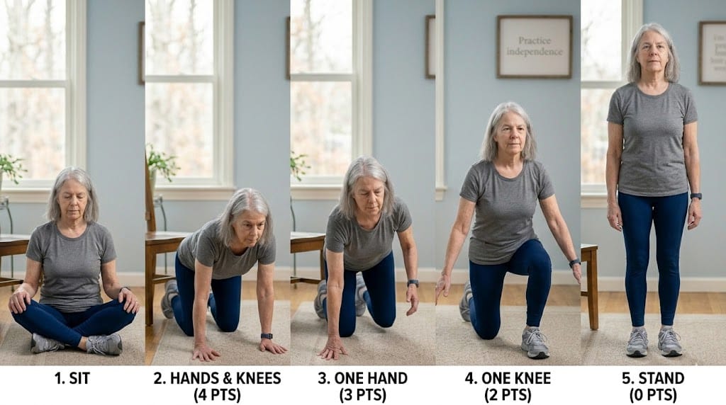 A five step mobility demonstration shows an older woman moving from sitting on the floor to standing upright. The text reads "1. SIT" "2. HANDS & KNEES. 4 PTS" "3. ONE HAND. 3 PTS" "4. ONE KNEE. 2 PTS" "5. STAND. 0 PTS" and a wall sign reads "Practice independence."