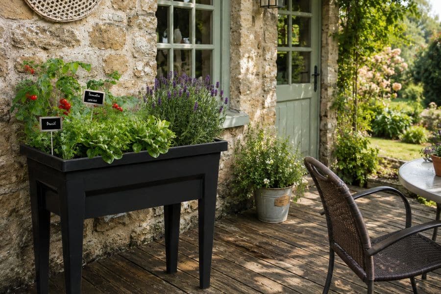 Black raised tabletop vegetable garden on a wooden patio beside a stone cottage wall and sage green door. It is planted with basil lavender and tomatoes with black labels that read "Basil" and "Tomato cocktail".